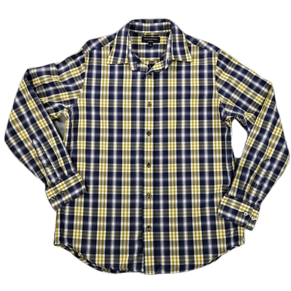 Banana Republic Soft Wash Men’s Size M Plaid Button Down Shirt Navy Olive White